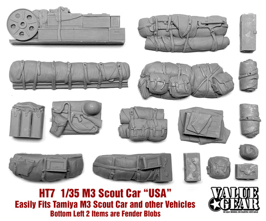 “Value Gear HT007 USA M3 Scout Car resin set – stowage for 1/35 scale Tamiya US Scout Car.”