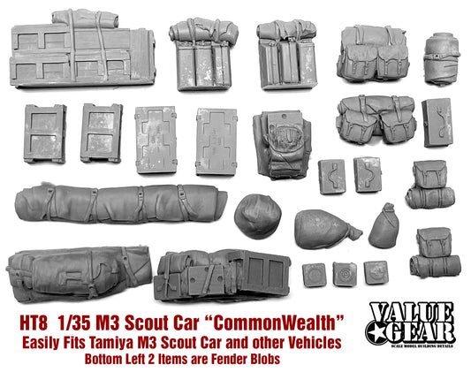 “Value Gear HT008 Commonwealth M3 Scout Car resin set – stowage for 1/35 scale Tamiya Scout Car.”