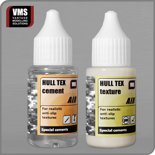 VMS Hull Tex Air bundle – two 20 ml bottles (adhesive + liquid aggregate) for air-brush applied fine anti-slip textures on modern AFV models