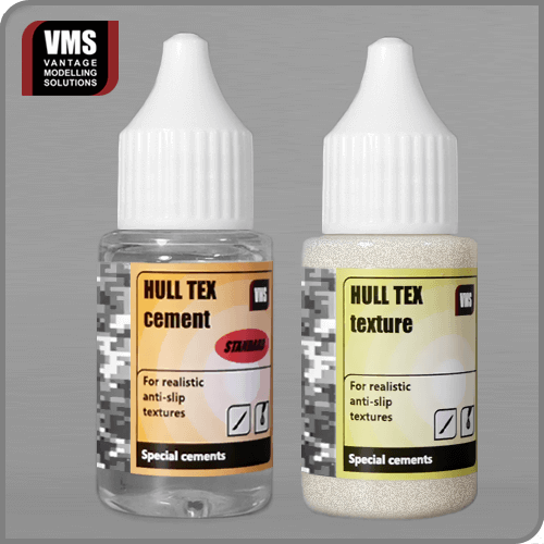 VMS Hull Tex Original bundle showing adhesive bottle and fine aggregate texture powder for scale model anti-slip surfaces