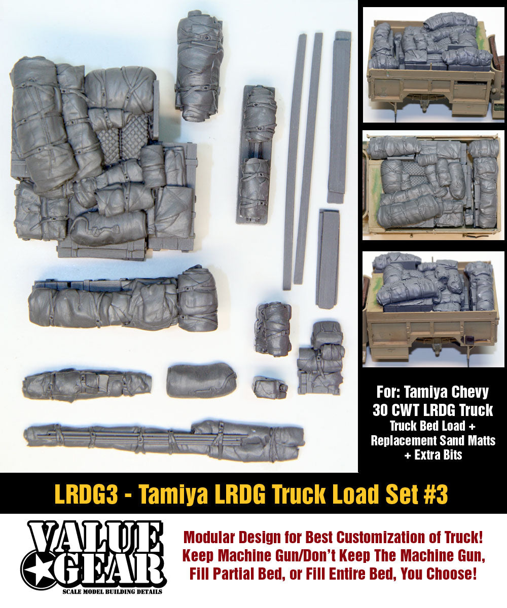 “Value Gear LRDG3 Truck Load resin accessory set – for 1/35 scale Tamiya LRDG Chevy Truck.”