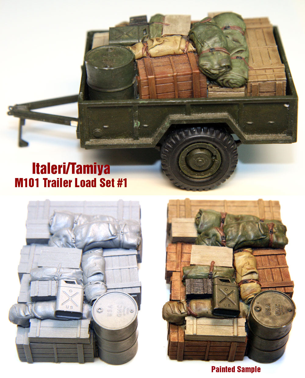 “Value Gear ITT01 M101 Trailer Load resin set – for 1/35 scale Tamiya and Italeri trailers.”