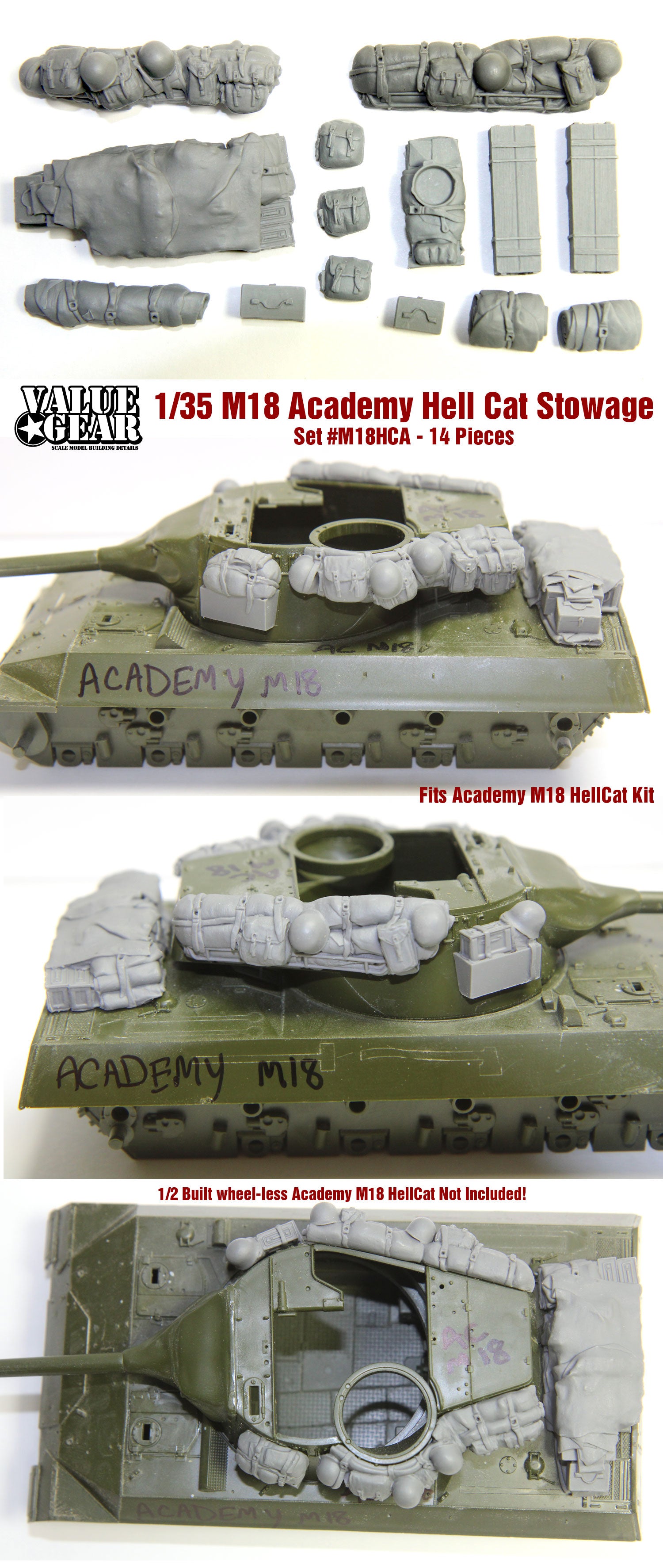 “Value Gear M18HCA Stowage Set – resin accessories for 1/35 scale Academy M18 Hellcat.”