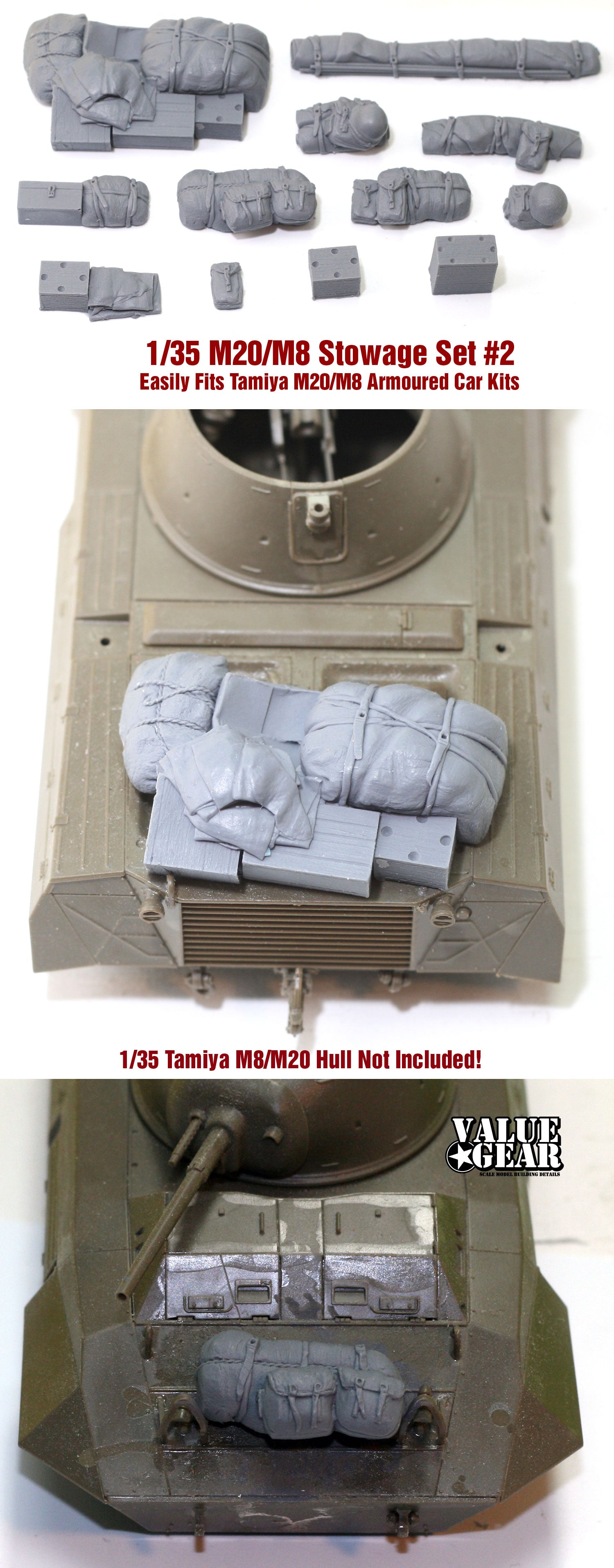 “Value Gear M8/20-2 Armoured Car resin stowage set – 12 pieces for 1/35 scale M20 and M8 vehicles.”