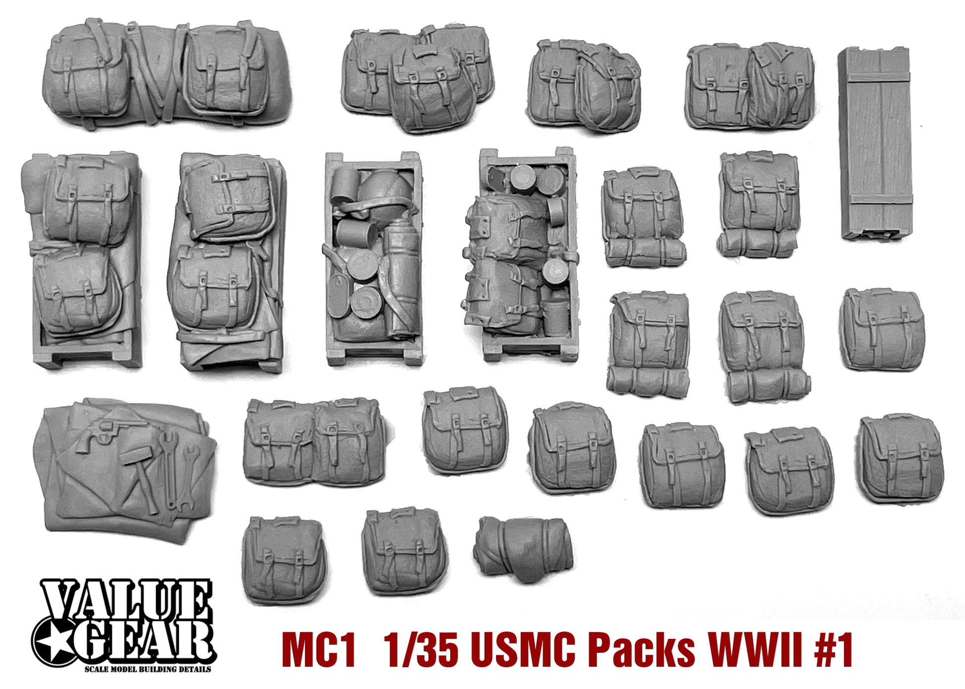 “Value Gear MC1 USMC WWII Packs & Bags resin set – for 1/35 scale US Marine Corps vehicles and dioramas.”