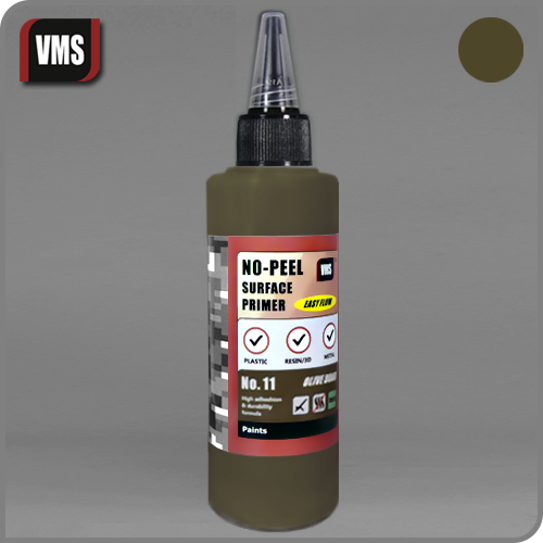 VMS Mo Peel Primer No. 11 Olive Drab 100 ml – high-performance olive drab modeling primer for resin, plastic, and metal surfaces.