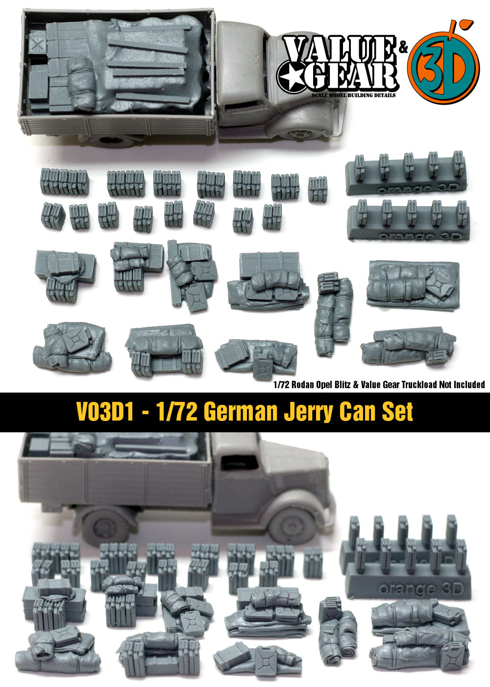 “Value Gear VO3D1 German Jerry Can Set – 35 resin jerry cans for 1/72 scale WWII German vehicles and dioramas.”
