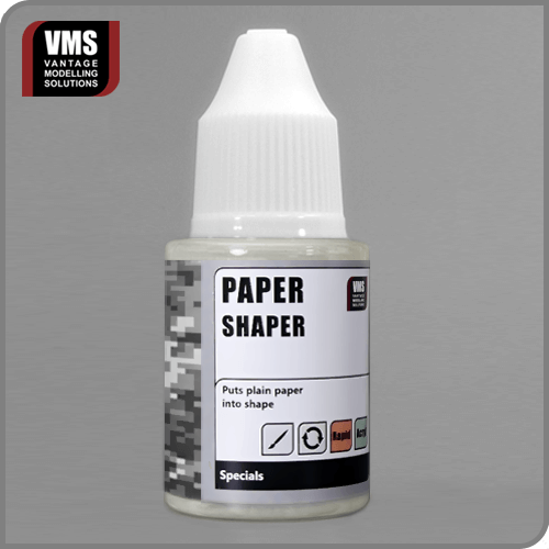 VMS Paper Shaper 30 ml dropper bottle and example shaped model tarps and rags made from paper soaked in the fluid