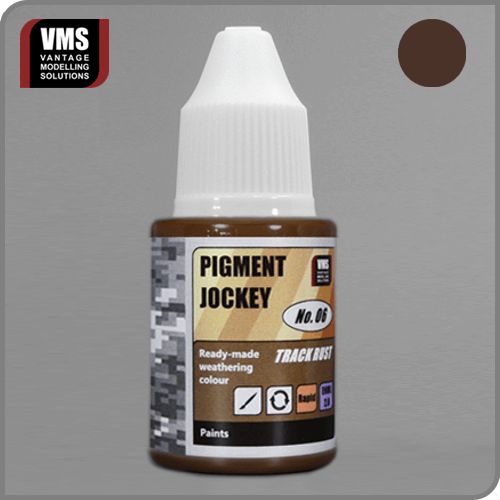 Pigment Jockey No. 06 Track Rust: "VMS Pigment Jockey No. 06 Track Rust – Specialized weathering liquid for realistic rust effects on tracks."