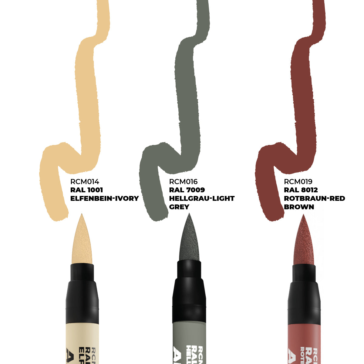 AK Interactive RCM107 Real Colors Markers showing all 3 colors in the set. RAL 1001 Elfbein, RAL 7009 Hellgrau and RAL 8012 Rotbraun.