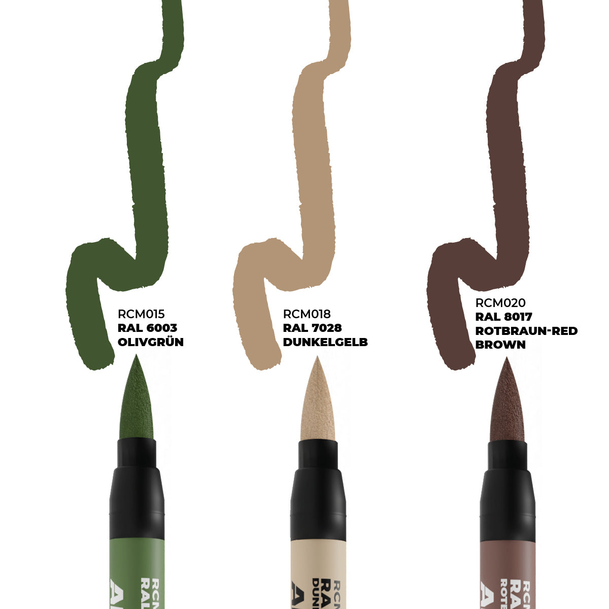AK Interactive RCM108 Real Colors Markers box showing the 3 colors in the set. RAL 6003 OlivGrun, RAL 7028 Dunklegelb and RAL 8017 Rotbraun