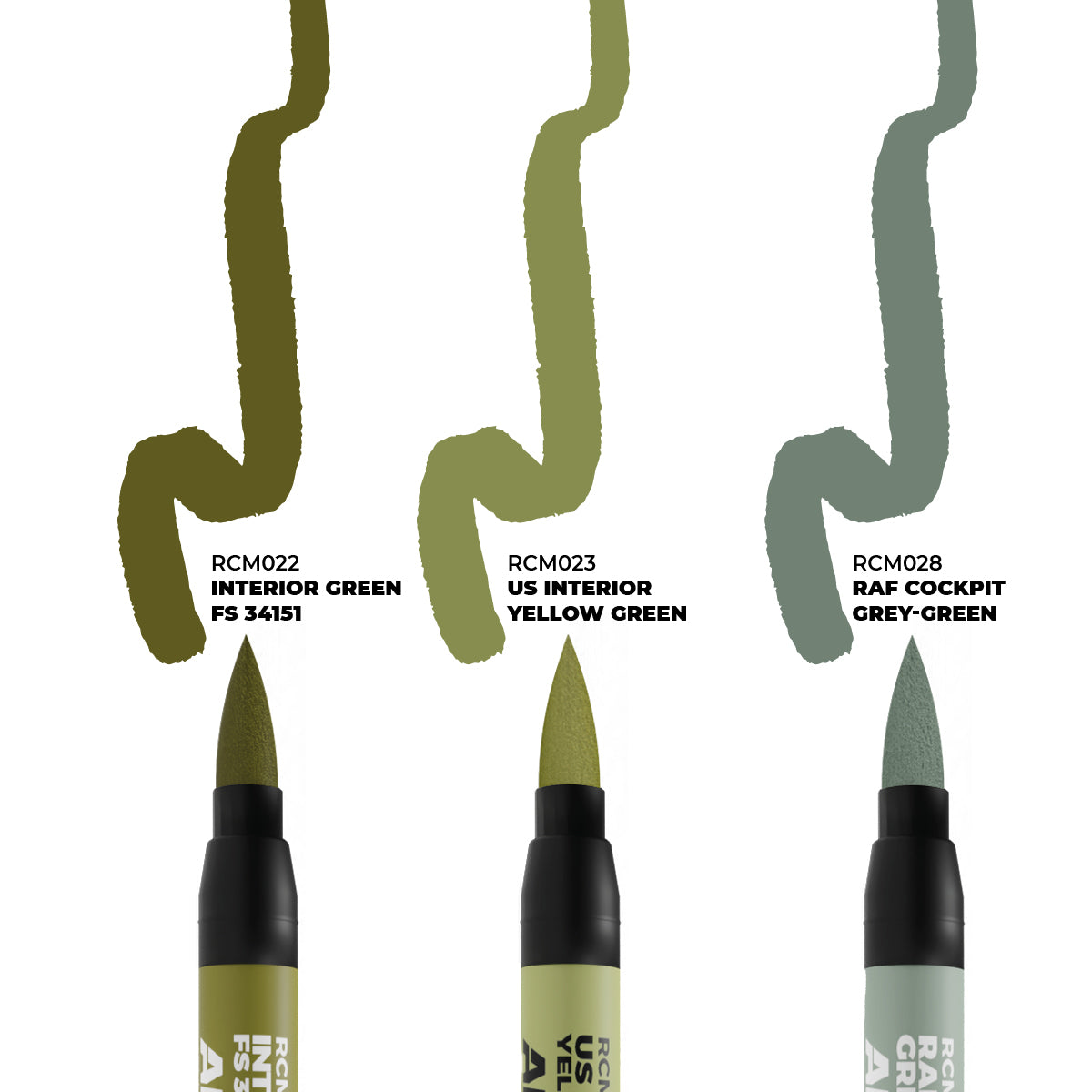 AK Interactive RCM109 Real Colors Markers showing the 3 colors in the set. FS 34151, US Interior Yellow Green, RAF Cockpit Grey Green 