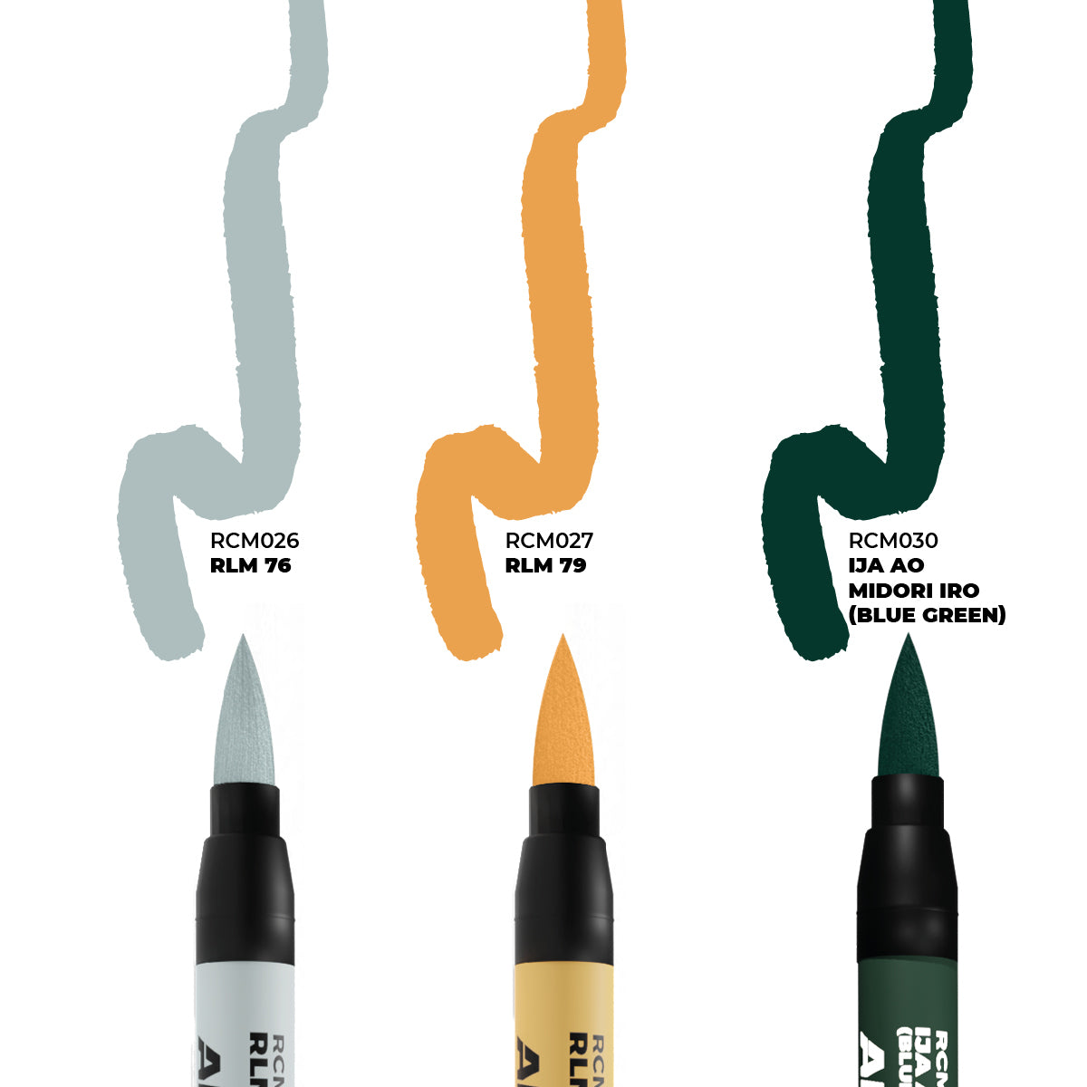 AK Interactive RCM111 Real Color Markers showing the 3 colors found in the set,
