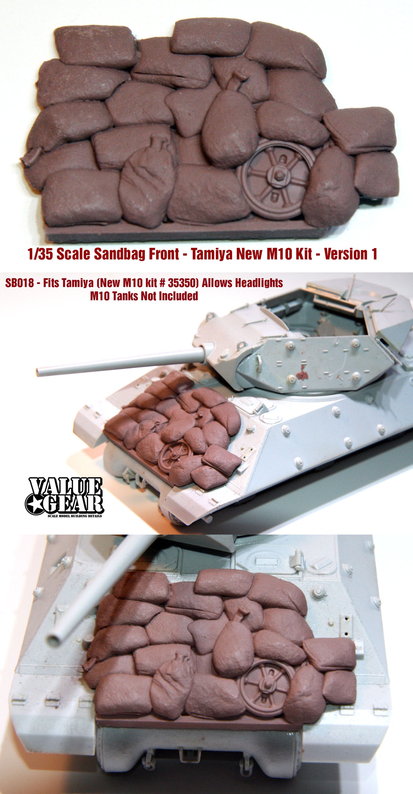 “Value Gear SB018 M10 Sandbag Fronts V1 – resin accessory for 1/35 Tamiya M10 new kit.”