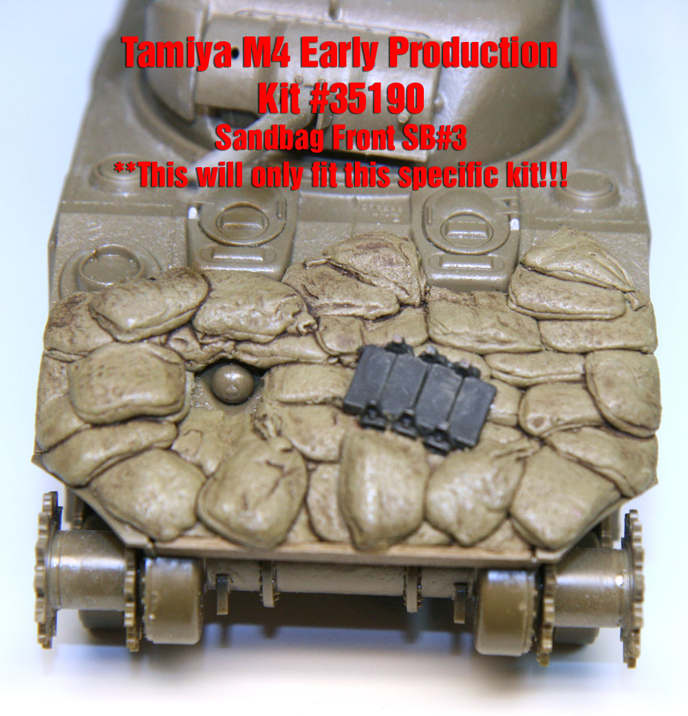 “Value Gear SB003 Sherman Tamiya M4EP Sandbag Front – resin accessory for 1/35 scale Tamiya kit #35190.”