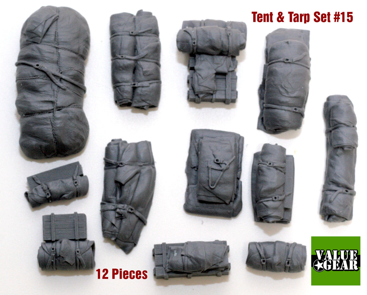 Value Gear VG15 Tents & Tarps #15 resin stowage set – 12 pieces for 1/35 scale military vehicles and dioramas