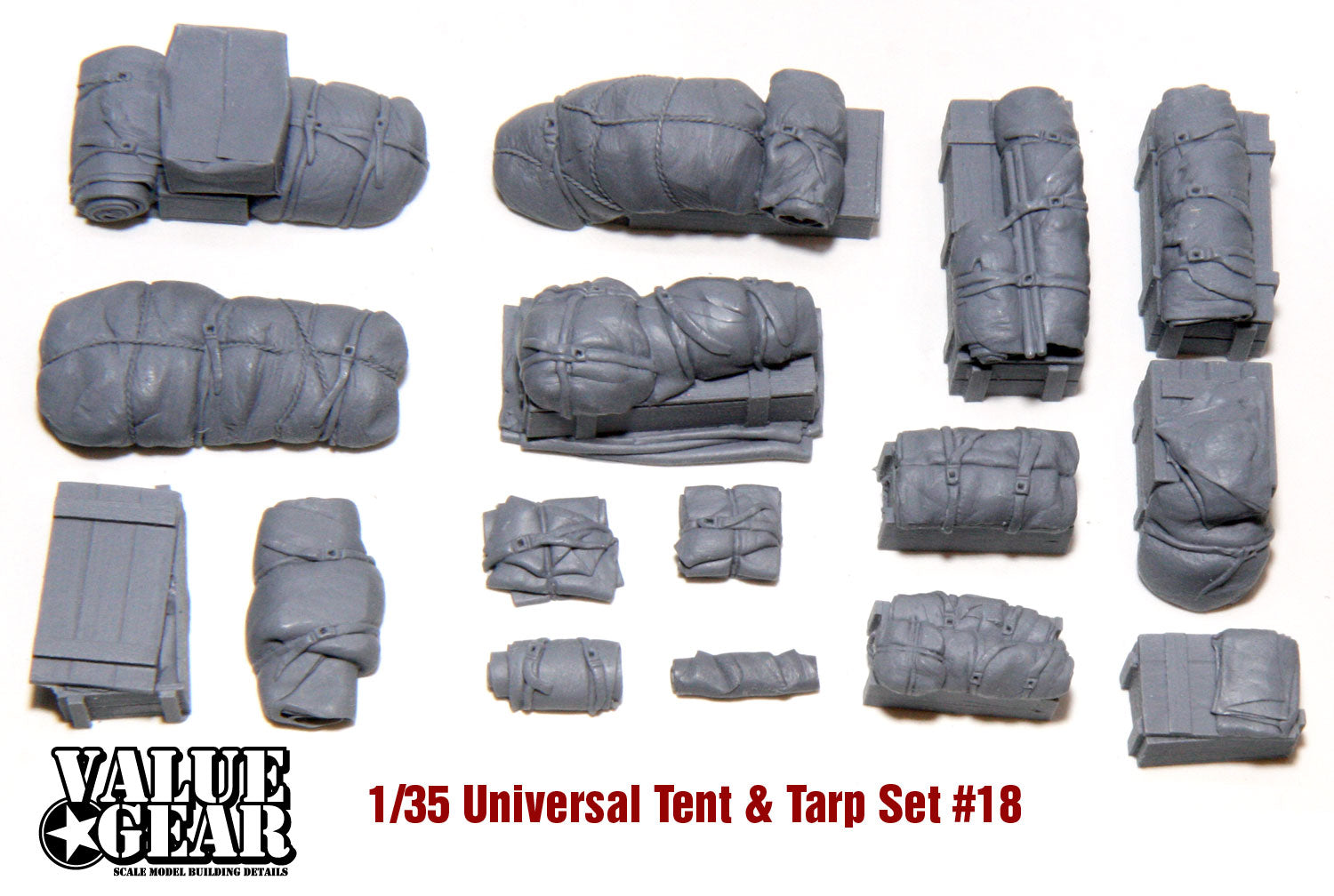 Value Gear VG18 Tents & Tarps #18 resin accessory set – 16 pieces for 1/35 scale military vehicles and dioramas