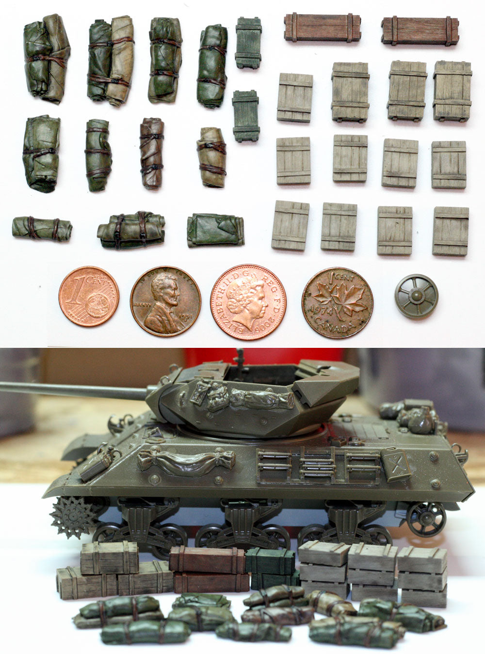 “Value Gear 48001 Tents, Tarps & Crates Set #1 – 27 resin accessories for 1/48 scale WWII vehicles and dioramas.”