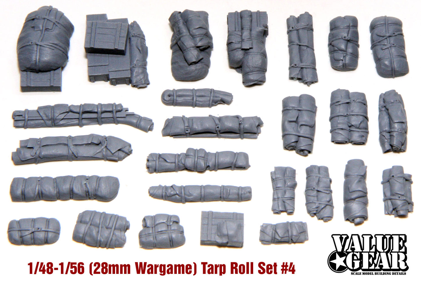 “Value Gear 48004 Tents, Tarps & Crates Set #4 – 26 resin accessories for 1/48 scale WWII vehicles and dioramas.”