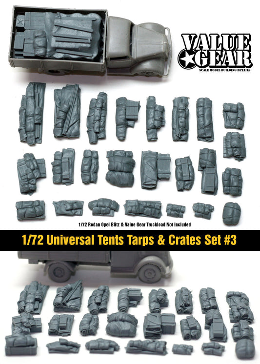 “Value Gear 72003 Tents, Tarps & Crates Set #3 – 24 resin pieces for 1/72 scale vehicles and dioramas.”