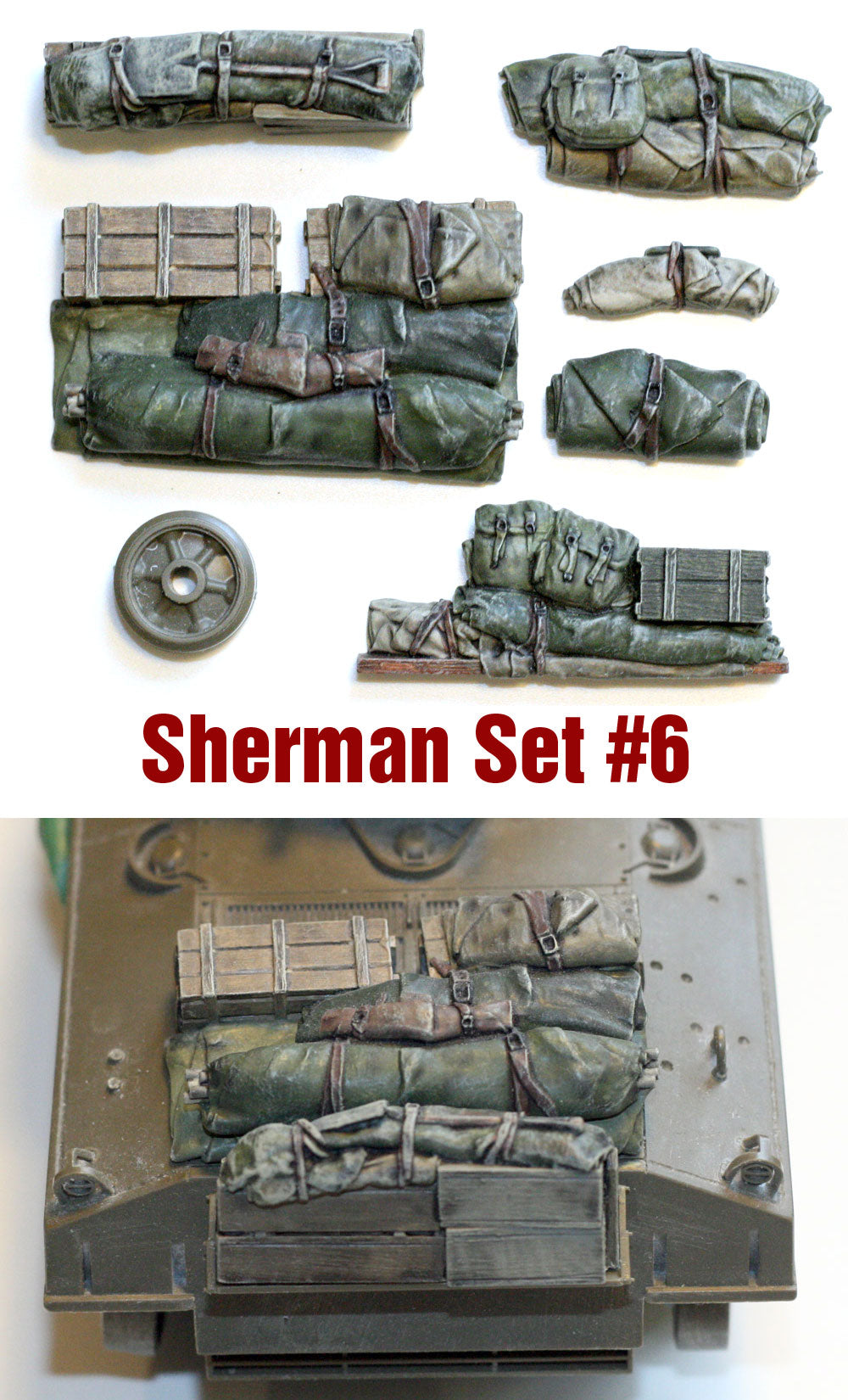 “Value Gear SH006 Sherman Engine Deck resin set – 8 stowage pieces for 1/35 scale Shermans.”