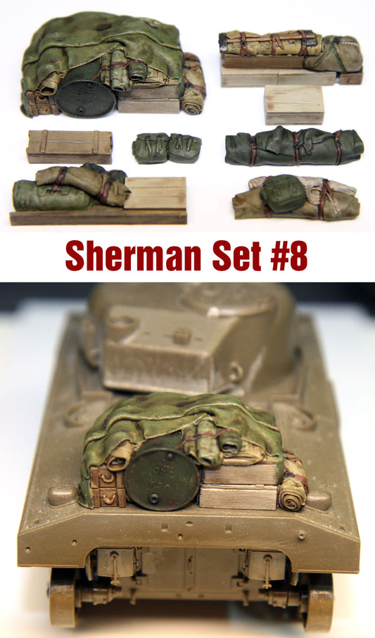 “Value Gear SH008 Sherman Engine Deck resin set – 8 stowage pieces for 1/35 scale Sherman tanks.”