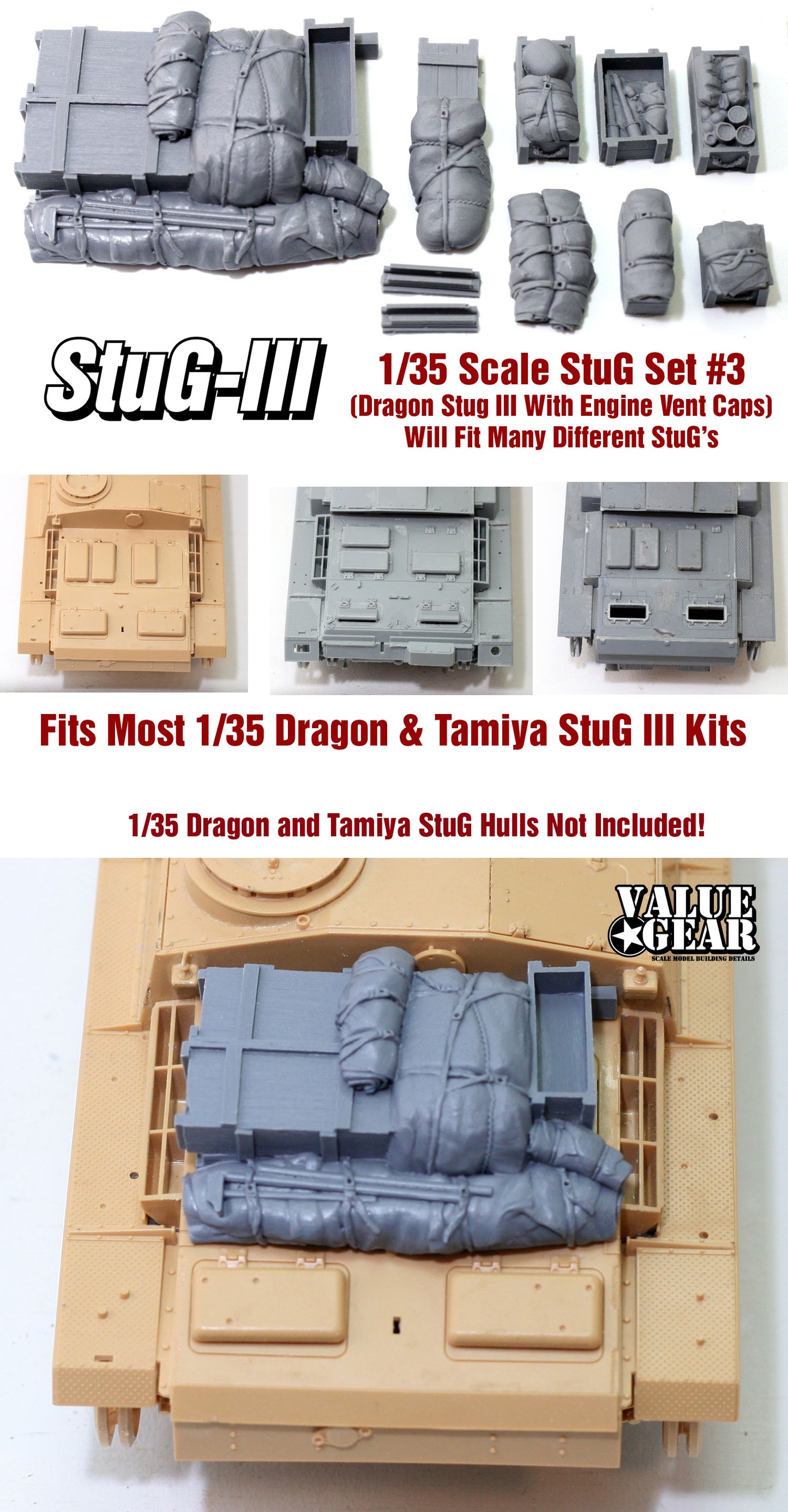 “Value Gear STG03 StuG III Stowage Set – resin accessories for 1/35 Dragon & Tamiya kits with vent caps.”