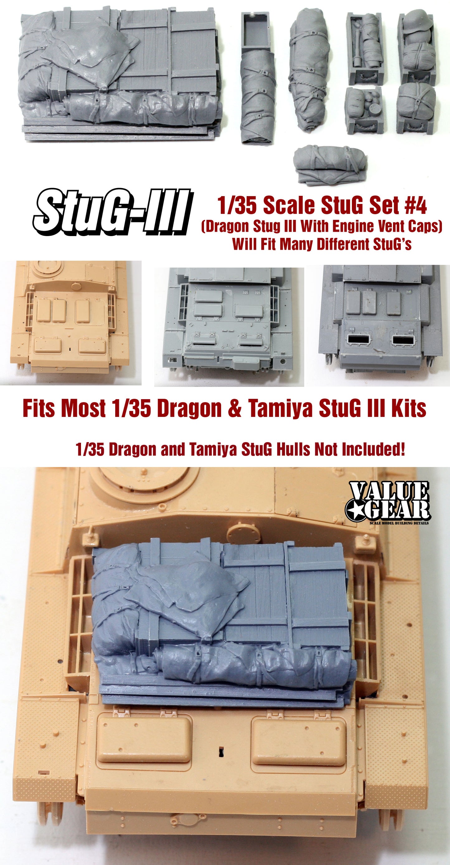 “Value Gear STG04 StuG III resin stowage – accessories for 1/35 German StuG III tanks.