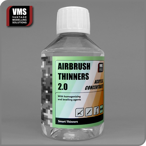 VMS Airbrush Thinners 2.0 Acrylic Concentrate bottle and mixing graphic showing 2 parts concentrate + 3 parts distilled water for 500 ml ready-to-use thinner