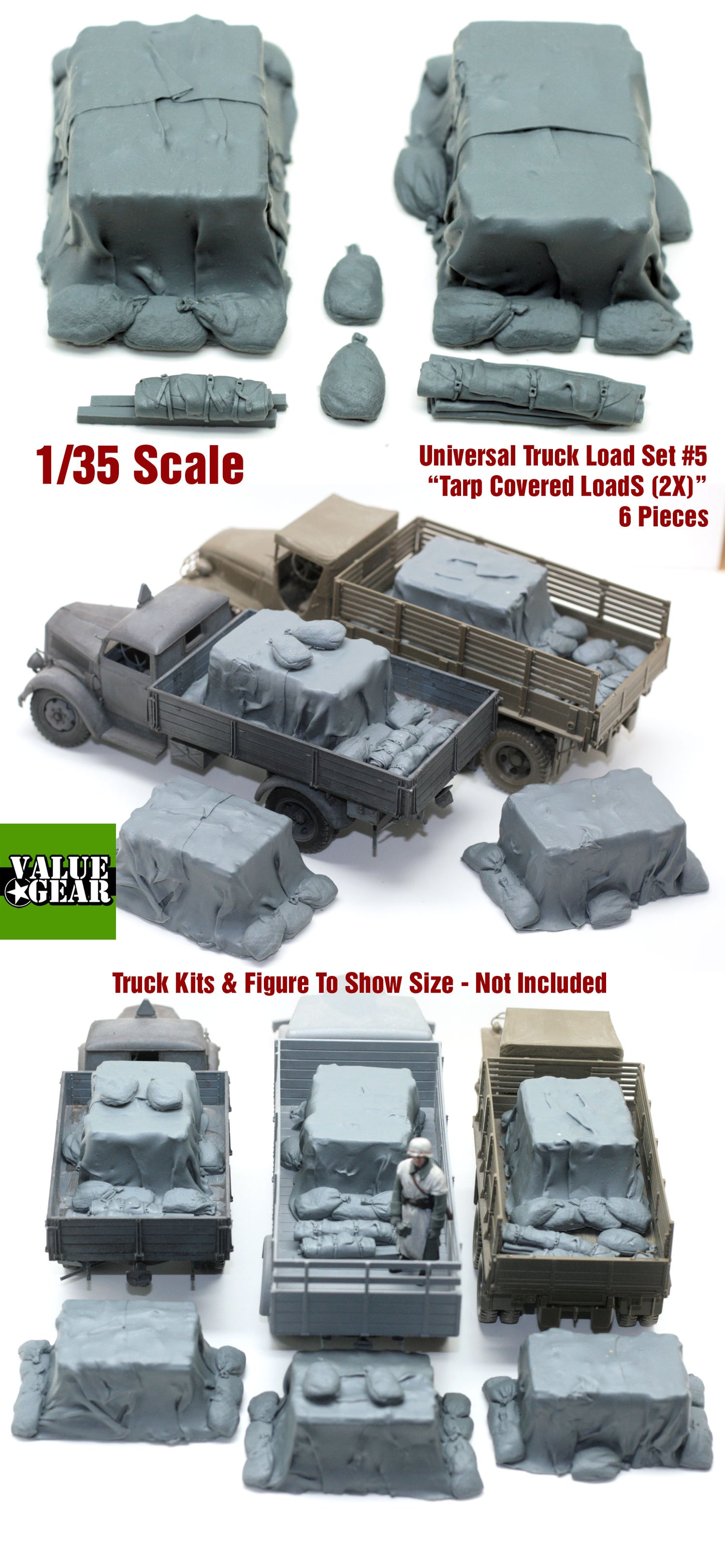 Value Gear GUT05 Universal/Generic Truckload resin stowage set – mixed crates and tarps for 1/35 scale trucks