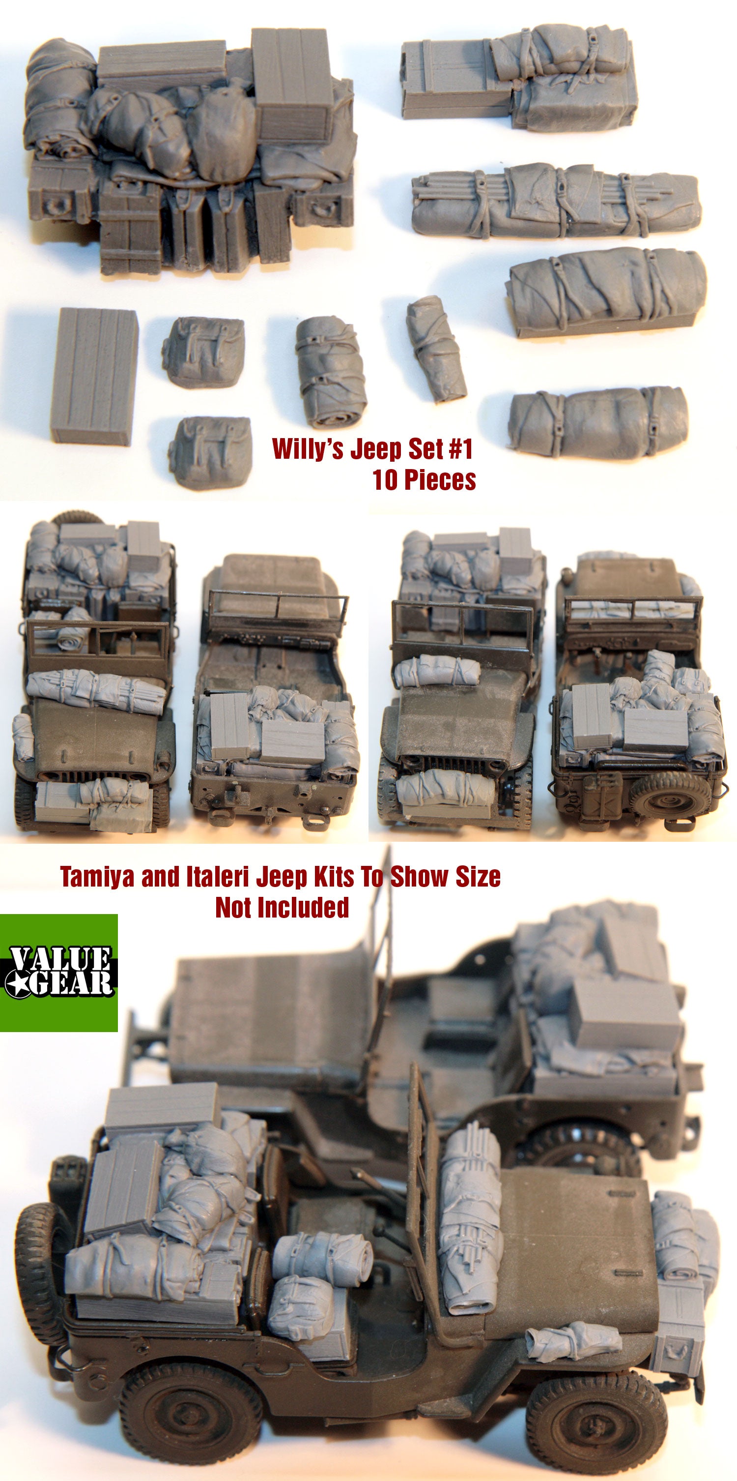 “Value Gear JP1 Willy’s Jeep resin accessory set – 10 stowage pieces for 1/35 scale WWII Jeeps.”