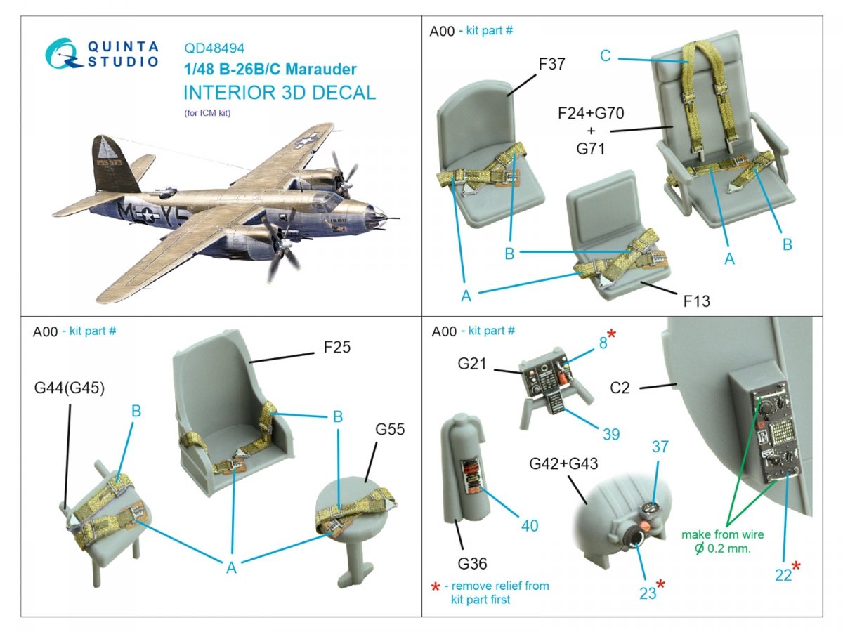 Quinta Studio QD48494 B-26B/C Marauder 1/48 scale interior 3D decal set for ICM model kits - detailed aircraft model enhancement. Seat belt application instructions.