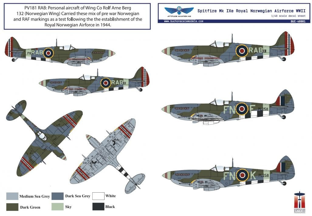 Attitude Aviation 1/48 Spitfire Mk. IXe Royal Norwegian Air Force WWII Decals