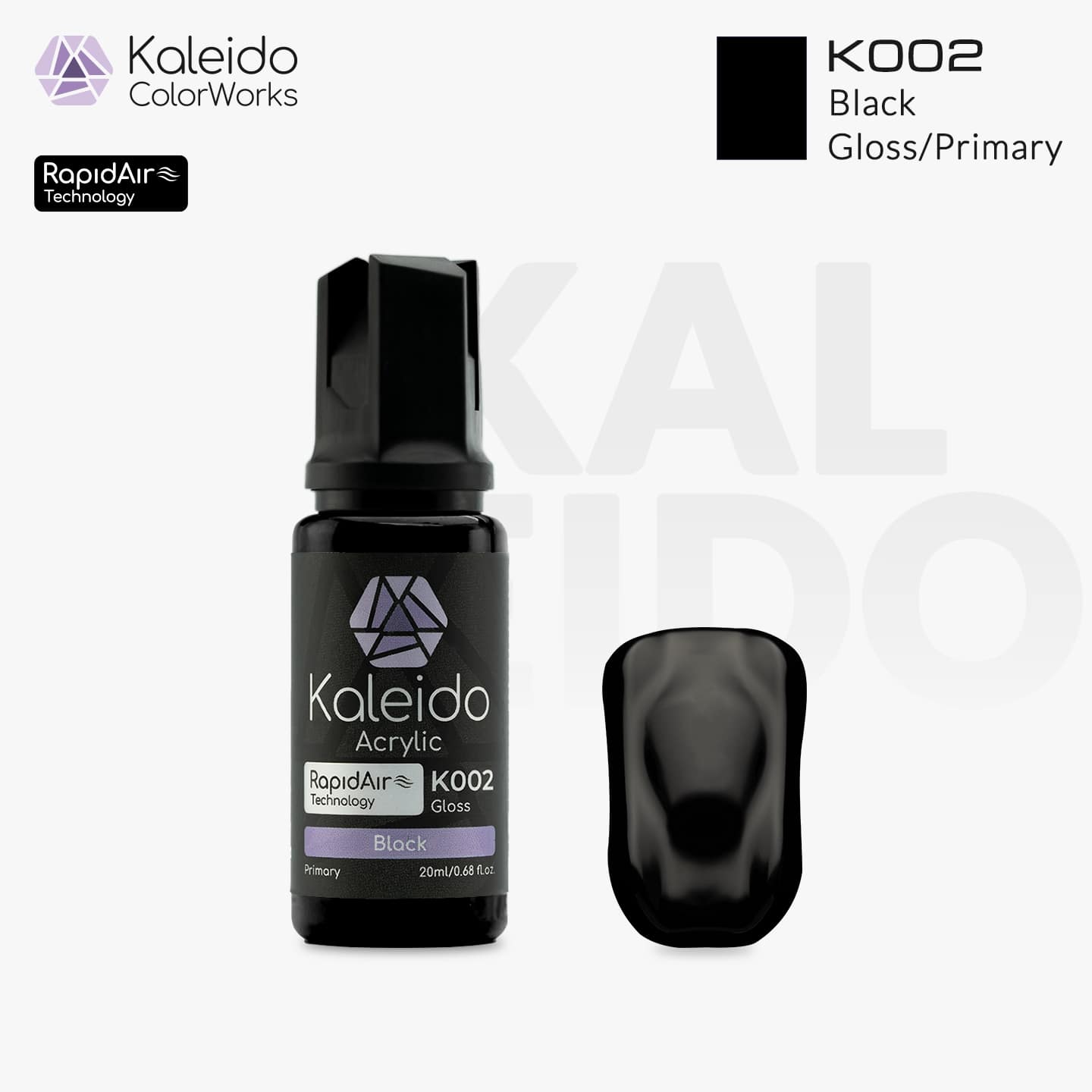 “Kaleido Colorworks K002 Black 20 ml bottle – water-based acrylic airbrush paint for scale models”