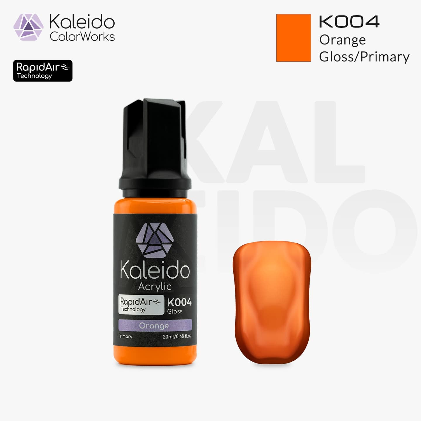 “Kaleido Colorworks K004 Orange 20 ml bottle – water-based airbrush paint for scale models”