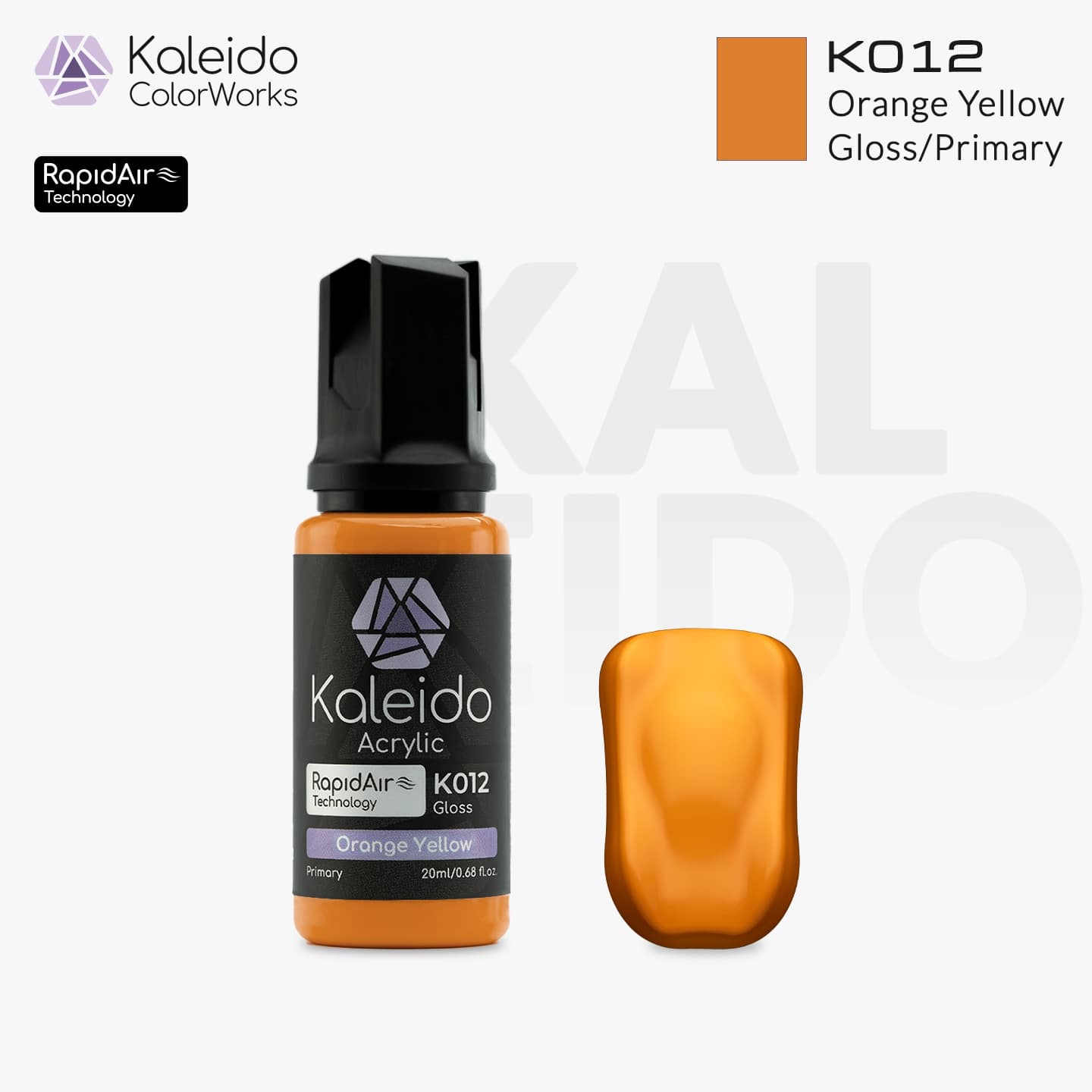 “Kaleido Colorworks K012 Orange Yellow 20 ml bottle – water-based acrylic airbrush paint for scale models”