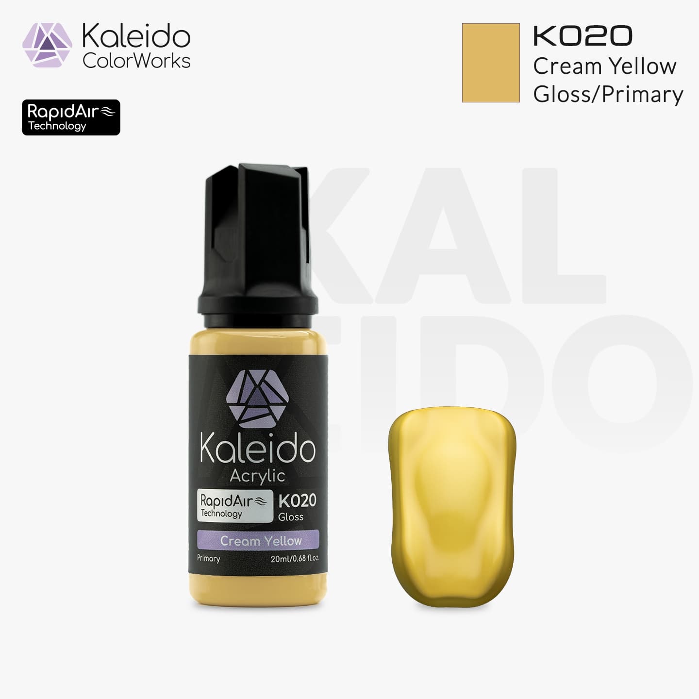 “Kaleido Colorworks K020 Cream Yellow 20 ml bottle – water-based acrylic airbrush paint for scale models”