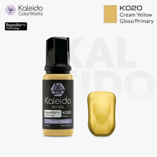 “Kaleido Colorworks K020 Cream Yellow 20 ml bottle – water-based acrylic airbrush paint for scale models”