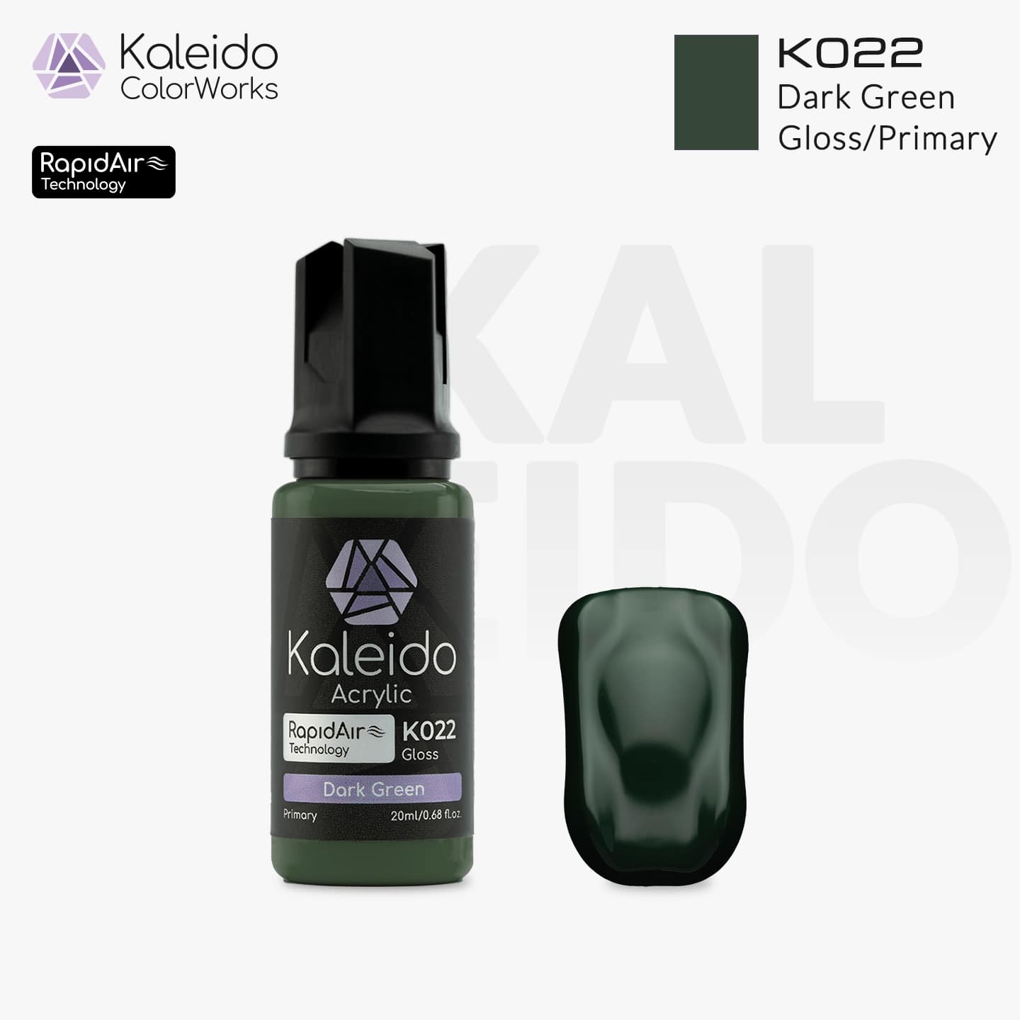 “Kaleido Colorworks K022 Dark Green 20 ml bottle – water-based acrylic airbrush paint for scale models”