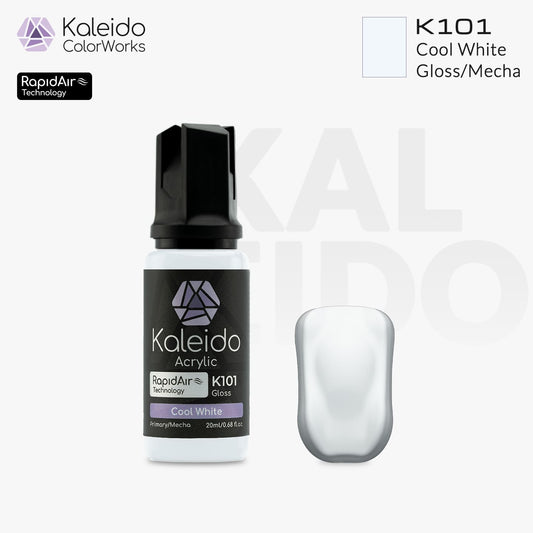 “Kaleido Colorworks K101 Cool White 20 ml bottle – water-based acrylic airbrush paint for scale models”