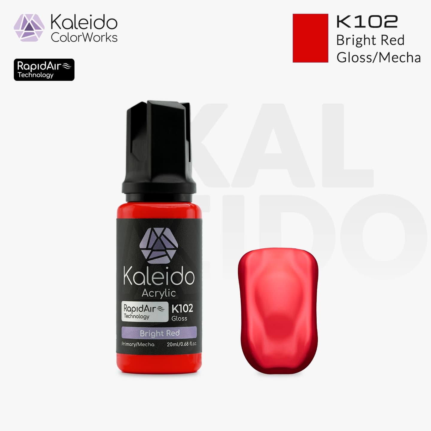 “Kaleido Colorworks K102 Bright Red 20 ml bottle – water-based acrylic airbrush paint for scale models”