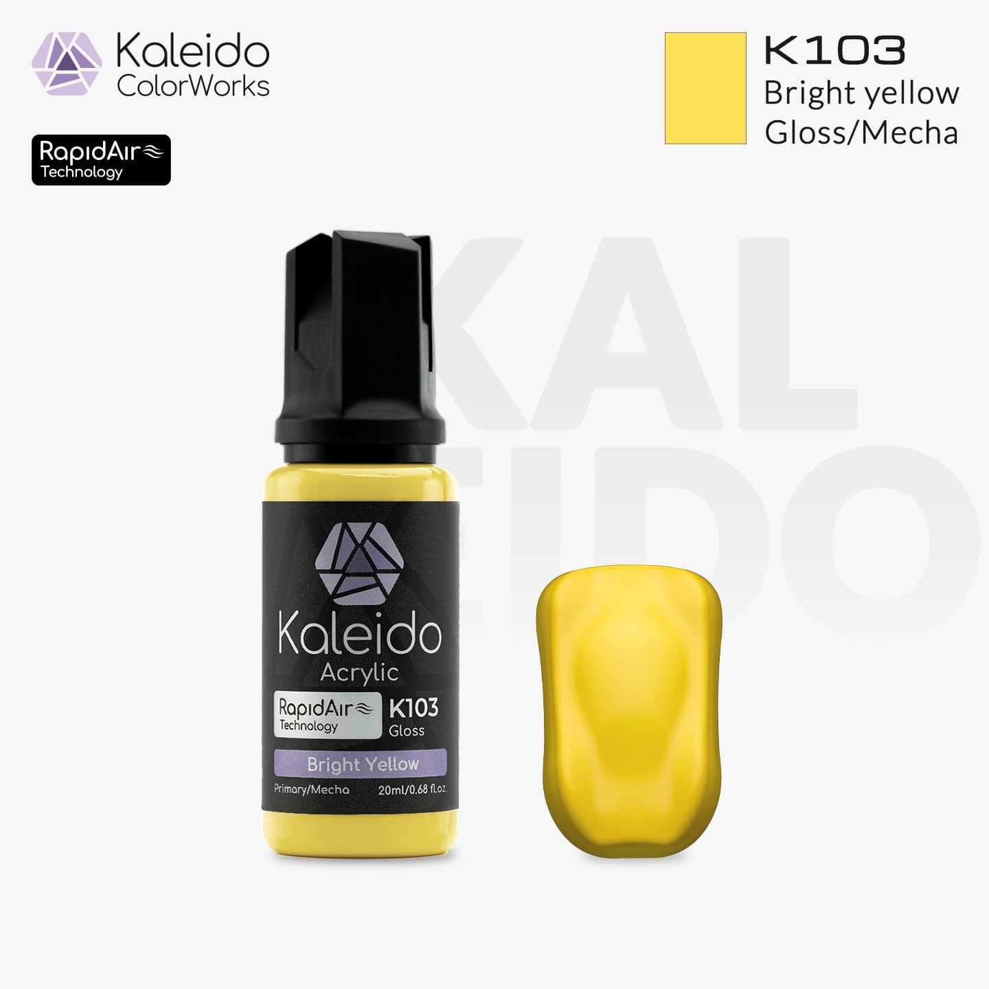 “Kaleido Colorworks K103 Bright Yellow 20 ml bottle – water-based acrylic airbrush paint for scale models”
