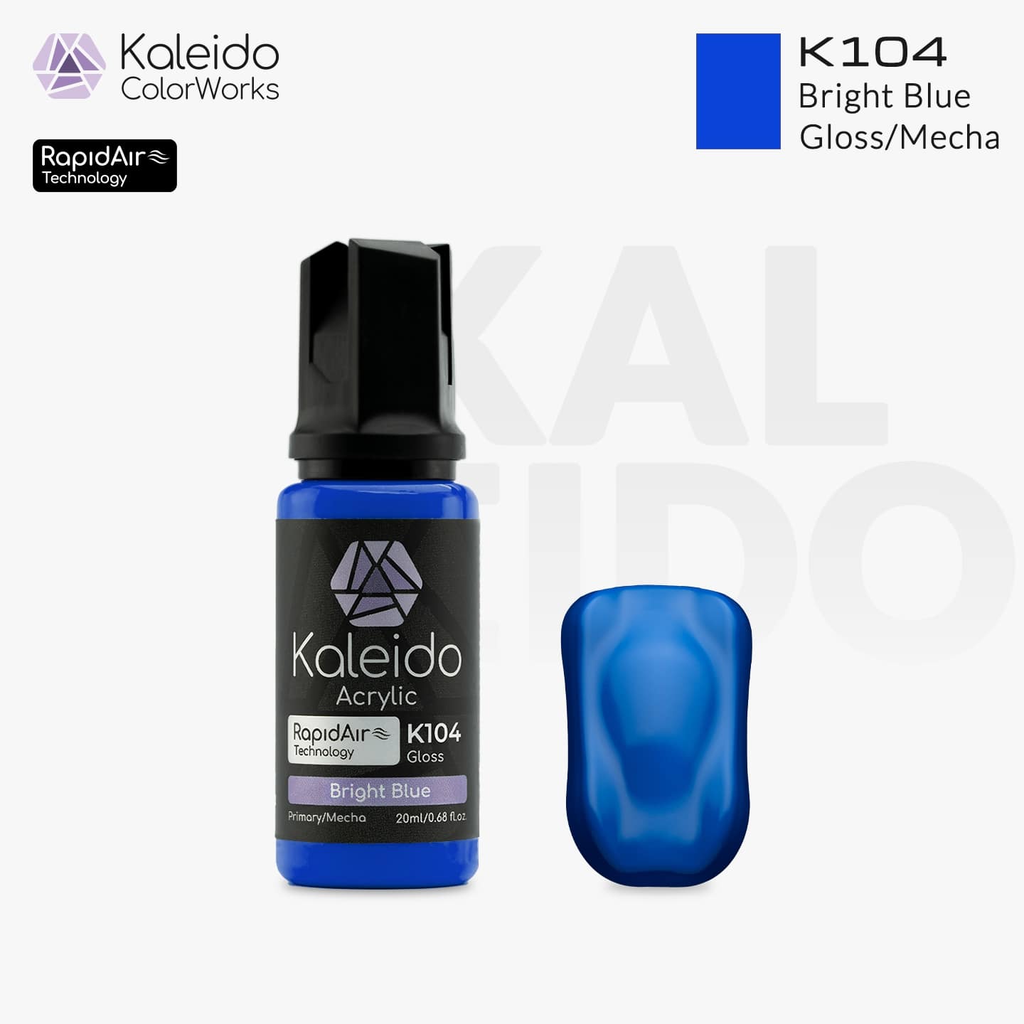 “Kaleido Colorworks K104 Bright Blue 20 ml bottle – water-based acrylic airbrush paint for scale models”