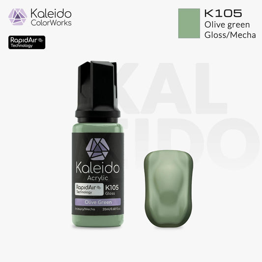 “Kaleido Colorworks K105 Olive Green 20 ml bottle – water-based acrylic airbrush paint for scale models”