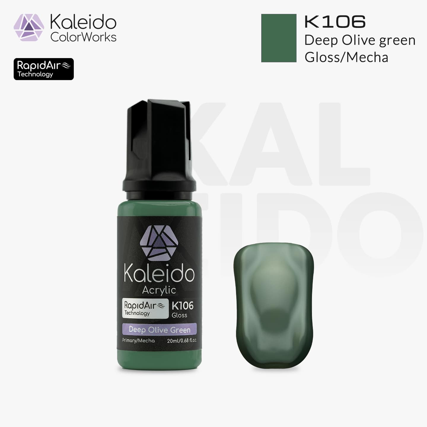 “Kaleido Colorworks K106 Deep Olive Green 20 ml bottle – water-based acrylic airbrush paint for scale models”