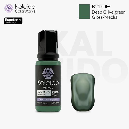 “Kaleido Colorworks K106 Deep Olive Green 20 ml bottle – water-based acrylic airbrush paint for scale models”