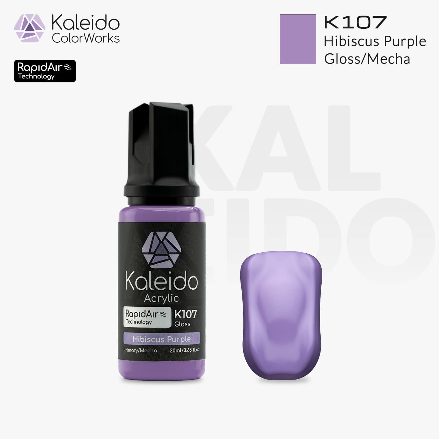“Kaleido Colorworks K107 Hibiscus Purple 20 ml bottle – water-based acrylic airbrush paint for scale models”