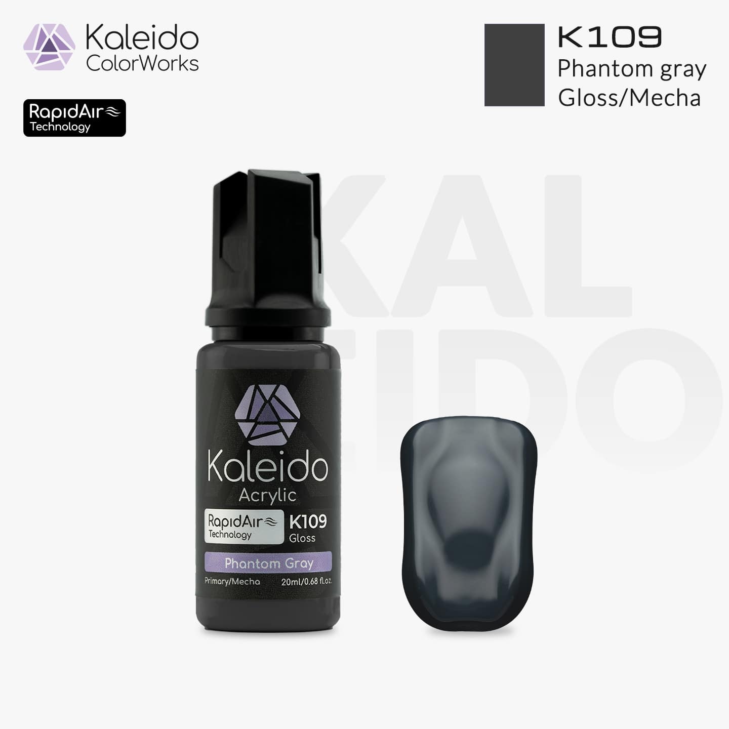 “Kaleido Colorworks K109 Phantom Gray 20 ml bottle – water-based acrylic airbrush paint for scale models”