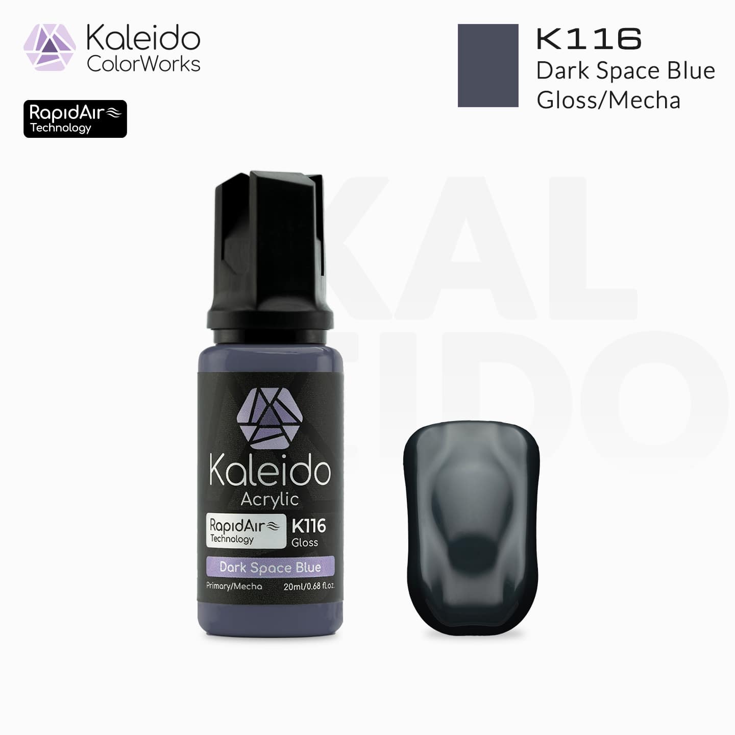 “Kaleido Colorworks K116 Dark Space Blue 20 ml bottle – water-based acrylic airbrush paint for scale models”