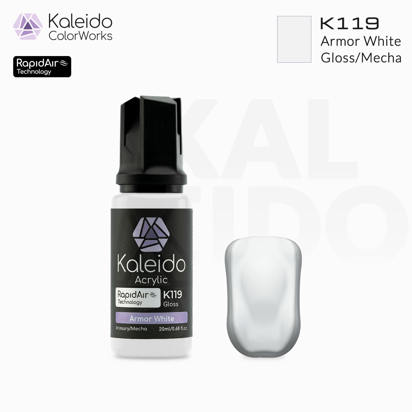 “Kaleido Colorworks K119 Armor White 20 ml bottle – water-based acrylic airbrush paint for scale models”